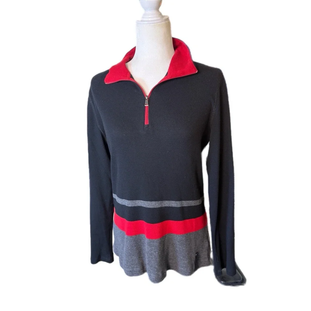 Vintage  Lauren Ralph Lauren Active Large Black  1/4 Zip Striped‎ Preppy Classic